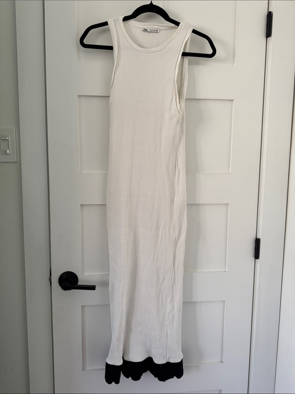 Zara White Ribbed Maxi Tank Dress with Black Scalloped Hem